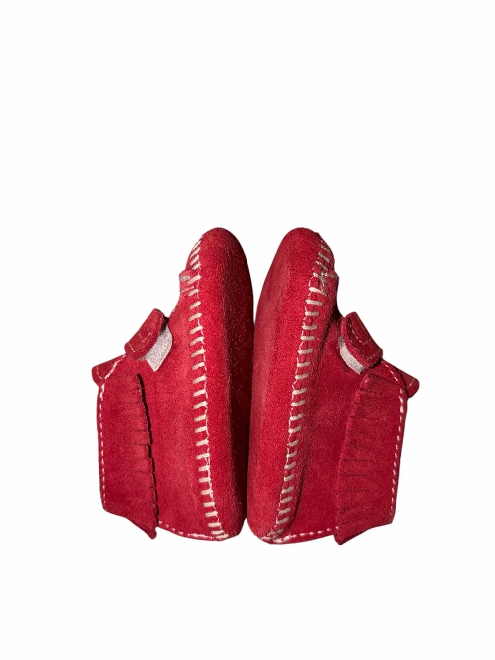 EUC Minnetonka Red Suede Leather Baby Moccasins 2 Fringe Western Americana Crib